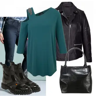Vegan Outfit mit Schwarz Chelsea Boot/Vintage Stiefelette/Sommerstiefelette/Flache Stiefelette/Lederjacke/Leder Stiefelette/Biker Boot LEMON JELLY "MM Shirt MIAMODA Grn"
