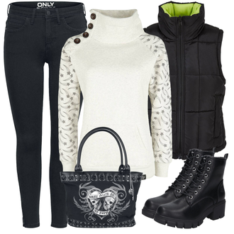 Cropped Outfit mit Schwarz/Dunkelgrau Puffer Weste/Kurze Weste/Kunstfaserweste/Steppweste/Daunenweste/Isolationsweste/Wendeweste Urban Classics "Alltagsoutfit"