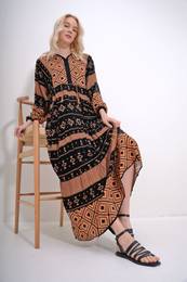 Trend Alaat Stili Women's Brown Black Tassel Detailed Layered Flounced Ethnic Patterned Woven Viscose Dress