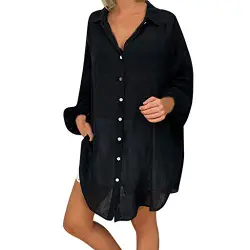 PinkLu Damen Basic-Longshirt mit V-Ausschnitt Knopfleiste Bluse verlieren Strech Bluse Tops Damenhemden Knöpfen Lässige Falten Kurzarm Leinen Frauen T-Shirt Bluse Blau Braun Schwarz Lila Weiß (S-XL)
