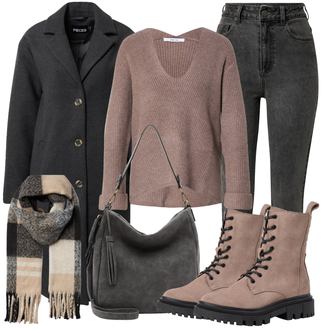 Outfit mit Grau/Schwarz/Dunkelgrau Wintermantel Wollmantel/Lodenmantel/Kaschmir Mantel/Langmantel/Midi Mantel/Wollfleece Mantel/Langer Mantel Pieces "Perfekt für den Herbst"