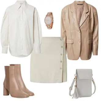 Moderne Outfit mit Beige/Braun/Khaki Boyfriend Blazer/Lederjacke/Kunstleder Blazer/Lederblazer/Oversize Blazer Nasty Gal "Beiger Businesslook"Look: Rad, Uni, Business, Moderne, Büro, Old Money