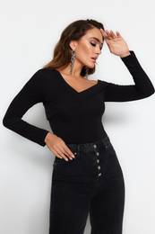 Black Cotton Stretchy Flounce Fitted Crop Knitted Blouse