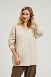 Women's knitted sweater with V-neck - beige