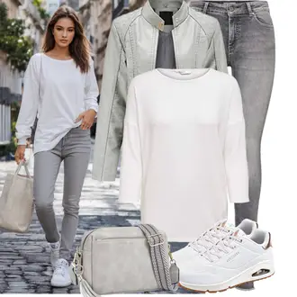 Ausgefallene Ab 50 Outfit mit Hellgrau/Grau/Dunkelgrau Schlupfjeans/Thermojeans/Low Rise Jean/Biker Jeans/Slim Fit Jeans/Winterjacke/High Waist Jeans/Jeans mit Schlitz/Leder Schuhe/Push up Jeans Only "Cool für die Freizeit"Look: Nahtlos, Trendige, Schlichte, Vintage, Classic, Elegant, Casual, Sexy, Ausgefallene