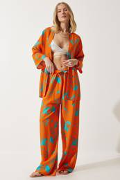 Happiness stanbul Women's Sky Blue Orange Patterned Kimono Palazzo Trousers Set
