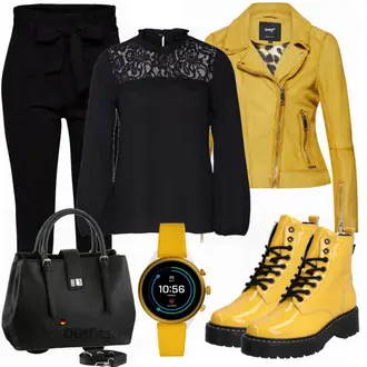 Outfit mit Gelb Mantel/Bikerjacke/Lederjacke/Motorradjacke/KunstLederjacke/Vintage Lederjacke/Jacke mit Seitlichem Reißverschluss Maze "NEW LOOK Bluse"