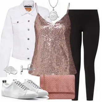 Outfit mit Grau/Creme/Hellgrau/Weiß Mantel/Bluse Große Größe/Crop Jacke/Kurzjacke/Jeansjacke/Shirtjacke/Kurze Jeansjacke/Sommerjacke Only "Glitzer Outfit"