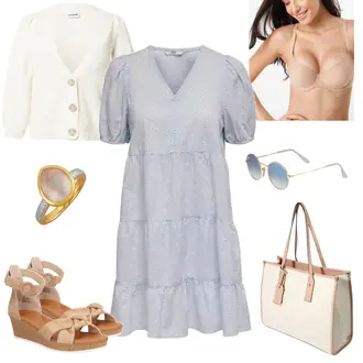 Sommer Outfit mit Grau/Blau/Hellblau Baumwollkleid/Jeanskleid/Französisches Kleid/Nicki Kleid/Puffärmel Kleid/Standesamt Kleid/Etuikleid/Gesmoktes Kleid/Sommerkleid Only "Luftiger Sommerlook"