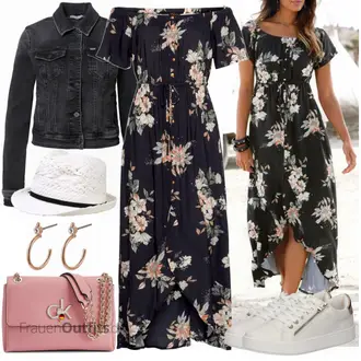 Outfit mit Blau/Dunkelblau/Rosa/Braun Vintage Kleid/Kleid Standesamt-gast/Bedrucktes Kleid/Maxikleid/Langes Sommerkleid Lascana "Stylisches Outfit für den Frühling"