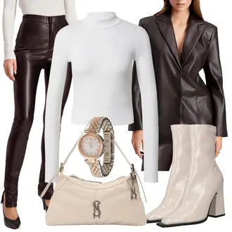 Outfit mit Schwarz/Braun/Dunkelbraun Mantel/Boyfriend Blazer/Lederjacke/Kunstleder Blazer/Lederblazer rÆre by lorena rae "Modernes Business Outfit"