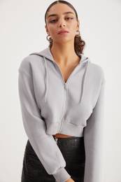 Delia Women's Crop 3 Yarn Raised Knit Relaxed Fit Zippered Hooded Gray Sweatshirt