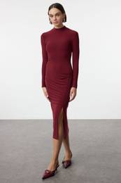 Burgundy Drape Detailed Slit High Collar Fitted Flexible Midi Knitted Dress