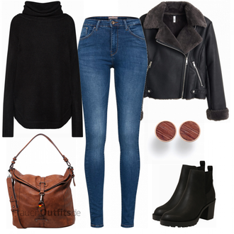 Outfit mit Schwarz Chelsea Boot/Lederjacke/Leder Stiefelette/Gefütterte Stiefelette/Gummistiefelette Only "Miriam"