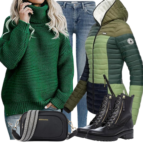 Schwarz MotorradStiefel/SpringerStiefel/SchnürStiefelette/Biker Boot Gabor kombinieren mit Dunkelgrün/Grün Longpullover Imuedaen