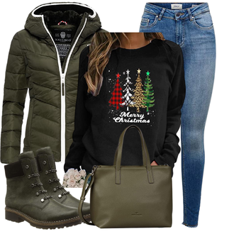 Elegant Abendessen Winter Outfit mit Dunkelgrün/Grün Schultertasche/Tragetasche/Shopper-Tasche/Businesstasche/Schulranzen/Schultertasche/Tasche Büro Tom Tailor "Weihnachtsoutfit"Look: Nahtlos, Lack, Premium, Feine, Schick, Elegant, Leger, Sportlich, Muttertag, Schule, Gala, Fasching, Pop Konzert, Electro, Abendessen, Hütten, Bayram