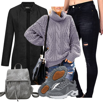 Lack Outfit mit Schwarz/Lila/Dunkelgrau Wintermantel Wollmantel/Gehröck/Mantel mit Reißverschluss/Schmal Geschnittener Mantel/Scuba-Mantel Only "Herbstlicher Look"Look: Sportlich, Büro, Goa, GoGo, Schick, Lack, Elegant, Overdressed, Workwear, Unisex, Wetlook, Gothic, Edel