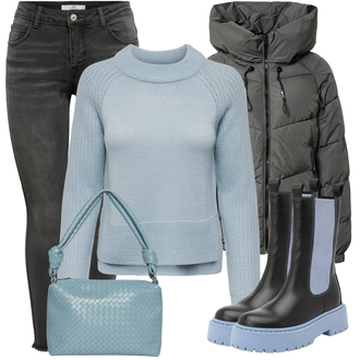 Outfit sa Svjetloplava/Plava Chelsea Gležnjača/Kožna Jakna/Ravna Gležnjača/Klasična čizmica/Podstavljena Gležnjača/Čizma s Platformom/Motociklistička čizma Bianco "Udoban zimski outfit"