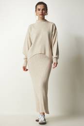 Happiness stanbul Women's Beige Corded Knitwear Sweater Dress