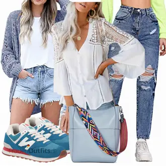 Outfit mit Grau/Blau/Weiß/Hellblau Kinderspielzeug/Crash­bluse/Spitzenbluse/Bluse mit Lochstickerei/Offene Bluse/Bluse Oberteil/Boho-Bluse Astylish "Perfekt für den Herbst"