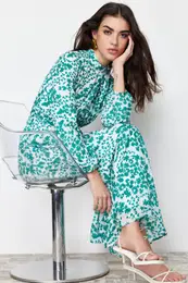 Green Lined Floral Woven Dress
