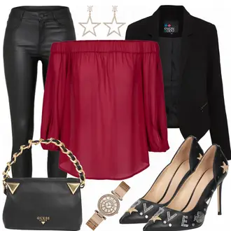 Party Outfits mit Schwarz/Weiß Lederjacke/Lederimitathose/Lederlegging/Leggings Lederoptik/Lederhose/Skinny Hose/Treggings/Biker Jeans/Thermojeans Vila "PartyStar"