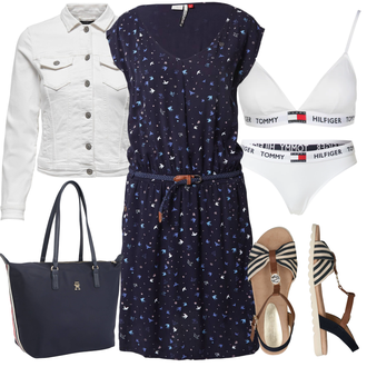 Ke kolenům Viskóza Outfit s Modrá/Tmavě modrá Šaty s puntíky/Letní Šaty/Šaty s Páskem/Šaty s Kapsou/Ležérní Šaty/Žerzejové Šaty Ragwear "Letní Outfit"