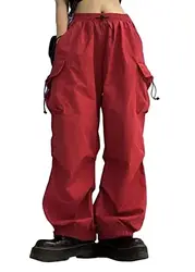 ORANDESIGNE Damen Cargohose Baggy Y2K High Waist Hose mit Kordelzug & Knopf Vintage Sportlich Freizeithose Oversize Jogginghose Teenager Mädchen Aestethic 90er E-Girl Streetwear T Rot S