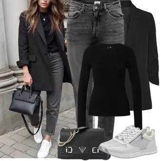 Kombinacije za festival sa Crna Dugi Sako/Kožna jakna za muškarce/Sako Jakna/Oversize Sako/Sakoi za Bluzu/Sako od smokinga/Boyfriend Sako/Elegantni Sako/Kratki Sako/Kožna Jakna za Muškarce VERO MODA, Crna Majica I Top Veći Broj/Pletivo Veći Broj/Bluza Veći Broj VERO MODA "Proljetni Outfit"