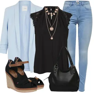 Outfit mit Hellblau Lederjacke/High Waist Jeans/Jeans mit Schlitz/Low Rise Jean/Low Waist Jean/Push up Jeans/Cuir Chaussures/Winterjacke Only "Stylischer Bürolook"