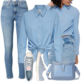 Mit Schleife Outfit mit Hellblau/Blau Bluse und Tunika/Bluse Große Größe/Casual Hemd/Jeanshemd/Hemdbluse Only "Frühlings Outfit"