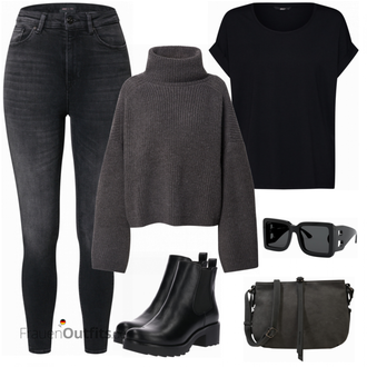 Oversize Kurz Outfit mit Schwarz Chelsea Boot/Lederjacke/Flache Stiefelette/Gummistiefelette About You "Moderner Herbstlook"Look: Uni, Schick, Edel, Coole, Oversize, Techno, Unisex, Wetlook
