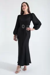 Women's Black Belted Midi Satin Evening Dress