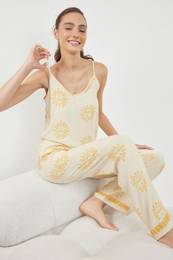 Ecru Sun Patterned Rope Strap Viscose Woven Pajama Set
