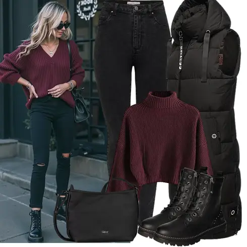 Schwarz MotorradStiefel/Stiefel Mit Reißverschluss/SchnürStiefelette/Biker Boot/SpringerStiefel Mustang kombinieren mit Dunkelrot/Bordeaux/Lila Basic Pullover/Oversized Pullover/Grobstrickpullover/Pullover Mit Fledermausärmel/Winterpullover/Einfacher Pullover/Pullover mit Stehkragen/Rollkragenpullover/Crop Pullover zaful