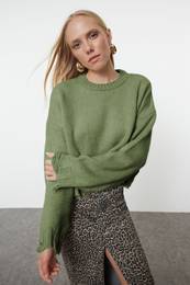 Khaki Crop Super Wide Pattern Soft Texture Knit Sweater