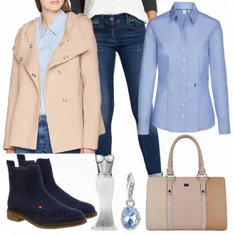 Outfit mit Hellblau Bluse mit Stehkragen/LangarmBluse/Bluse Mit Knopf/Slim Fit Bluse/Bügelfreie Bluse/Business Bluse Seidensticker "Seidensticker Hemd"