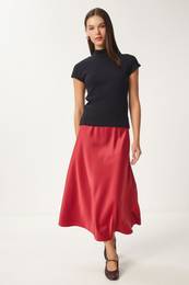 Happiness stanbul Women's Red Satin Surface Woven Skirt