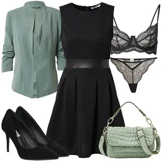 Outfit mit Schwarz/Grau SkaterKleid/Ärmelloses Kleid/A-Linien Kleid/Lederkleid/Fit & Flare Kleid/Kleid mit Gürtel/Mesh Kleid About You "Abend Outfit"
