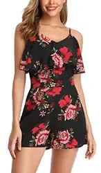 MISS MOLY Jumpsuit Damen Sommer Kurz Overall Elegant Playsuits Blumenmuster Einteiler Romper Schwarz Medium