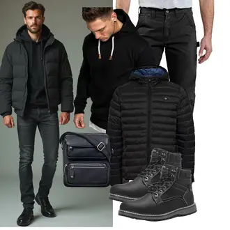 Stehkragen Outfit mit Schwarz Hybridjacke/Kapuzenjacke/Kunstfaserjacke/Steppjacke/Puffer Jacke/Thermojacke/Isolationsjacke/Verstaubare Jacke Blend "Freizeit Outfit"