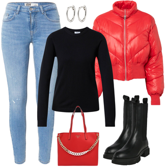 Outfit mit Schwarz Biker Boot/Chelsea Boot/Klassischer Stiefel/Lammfell Stiefel/Gefütterte Stiefelette/Reitstiefel/Weitschaftstiefel Copenhagen "Farbenfroher Freizeitlook"