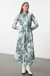 Green Print Button Woven Shirt Dress