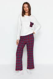 White Plaid Pocket Detailed Knitted Pajama Set