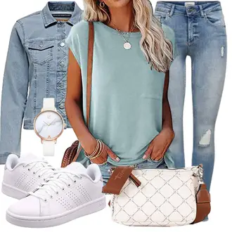 Outfit mit Grau/Weiß/Hellgrau/Rosa Sommer Sneaker/Sneaker Low/Schmaler Sneaker/Leder Sneaker Adidas "Schönes Frühlingsoutfit"