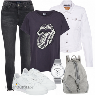 Outfit mit Grau/Creme/Hellgrau/Weiß Mantel/Bluse Große Größe/Crop Jacke/Kurzjacke/Jeansjacke/Shirtjacke/Kurze Jeansjacke/Sommerjacke Only "Cooles Freizeit Outfits"