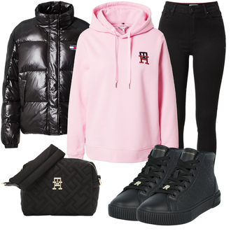 Outfit mit Schwarz Lederjacke/Biker Jeans/High Waist Jeans/Push up Jeans/Leder Schuhe/Thermojeans/Winterjacke Tommy Hilfiger "Bequemes Winter Outfit"