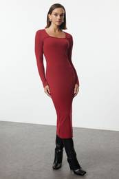 Burgundy Ribbed Square Neck Fitted Long Sleeve Slit Midi Dress