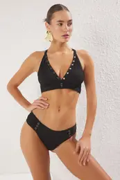 Black Bralette Accessorized Textured Bikini Set