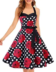 DRESSTELLS Karnevalskostüme Damen Neckholder Rockabilly 1950er Polka Dots Punkte Vintage Retro Cocktailkleid Petticoat Faltenrock Black Red Rose Dot M